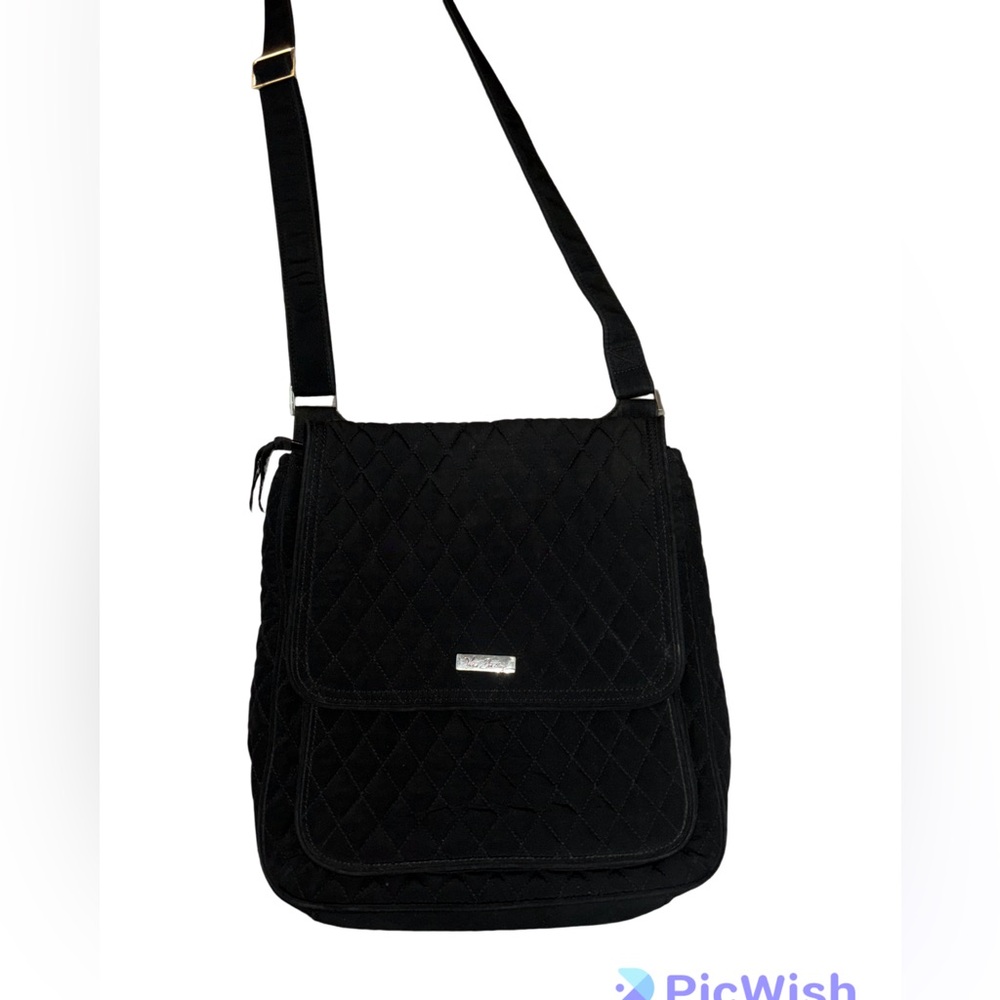 Vera Bradley Iconic Quilted Messenger Bag Black With Go Wild Pattern Lin…